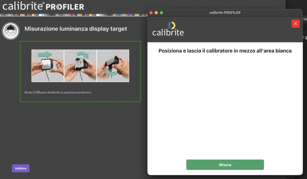 Posizionamento corretto della sonda Calibrite Display Plus HL sul display Mini‑LED XDR del MacBook Pro