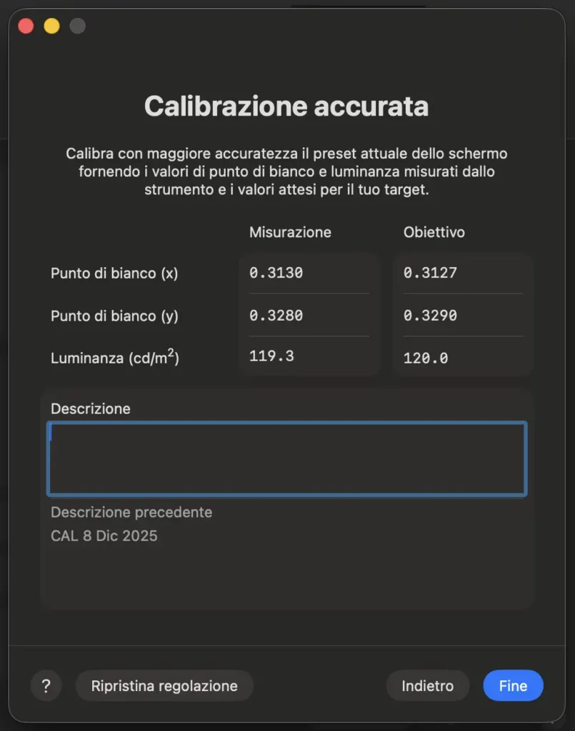 Schermata di Calibrite Profiler con valori XY e luminanza rilevati dal colorimetro sul display Mini‑LED XDR del MacBook Pro_