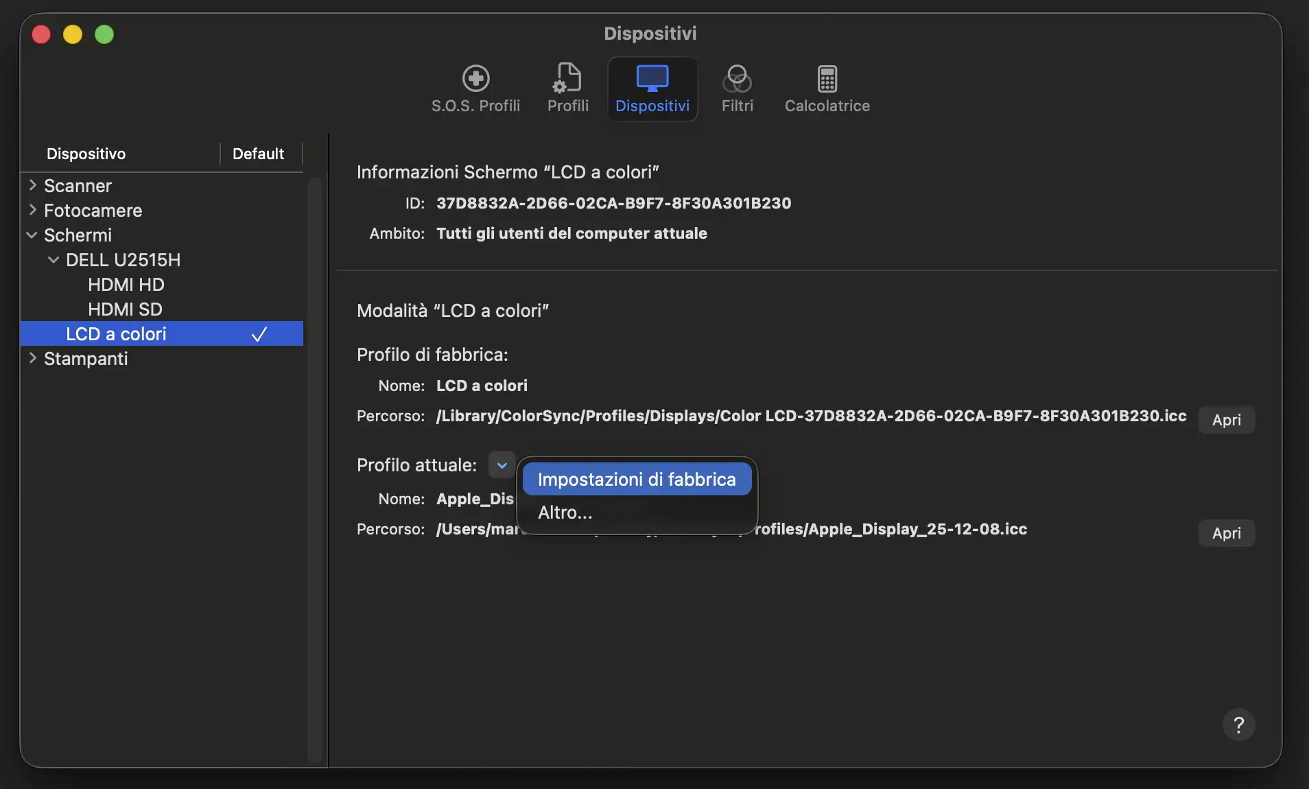 Ripristino del profilo colore di fabbrica del display del MacBook Pro Mini‑LED tramite Utility ColorSync
