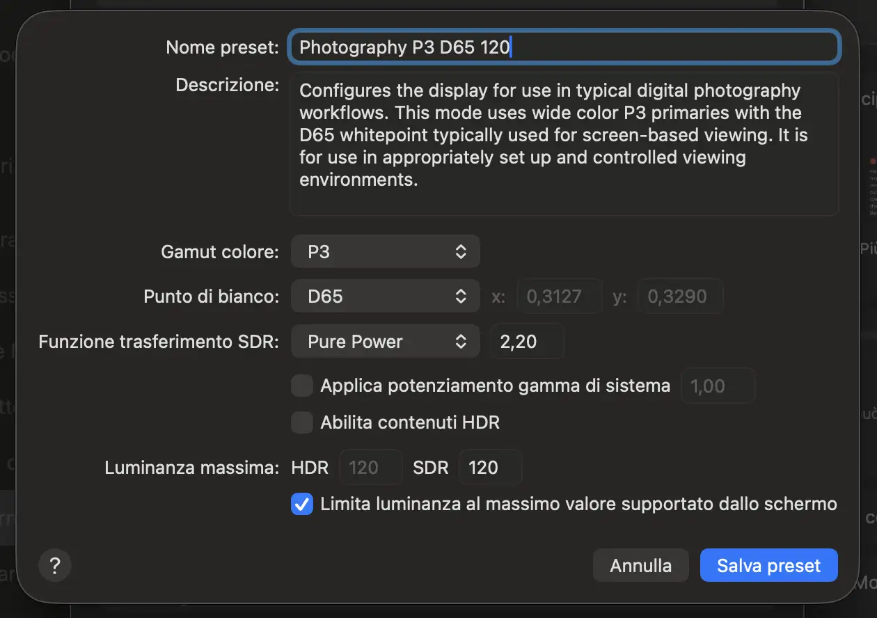 Selezione del preset professionale Photography P3 D65 nelle impostazioni display di macOS per il MacBook Pro Mini‑LED_2