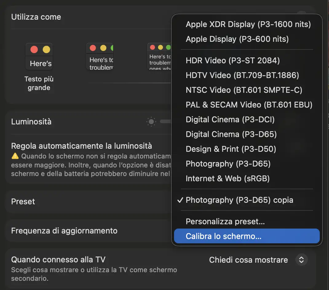 Personalizzazione del preset Photography P3 D65 con luminanza a 120 nits e gamma 2.2 sul MacBook Pro Mini-LED