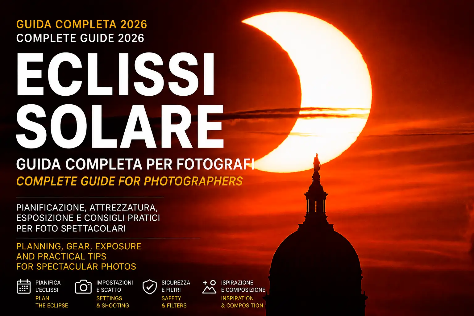 Eclissi Solare 12 Agosto 2026 – Guida Completa per Fotografi Eclissi solare parziale del 12 agosto 2026 fotografata al tramonto con silhouette di una cupola. Guida completa per fotografi su esposizione, filtri solari e pianificazione dello scatto.